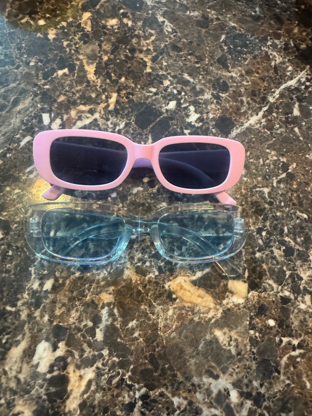 Two Retro Rectangle Sunglasses - Pink & Clear Blue